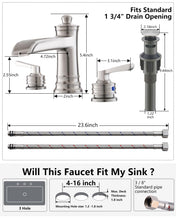 Load image into Gallery viewer, Fapully Brushed Nickel Bathroom Sink Faucet, Waterfall Bathroom Faucets 3 Hole, 8 Inch Widespread Bathroom Faucet with Pop-up Drain, 2-Handle Faucet for Bathroom Sink Vanity RV