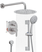 Load image into Gallery viewer, Fapully Wall Mounted 10-inch Shower System, Shower Faucets Sets Complete Round Shower Heads and Faucet Set with 6-Spray Handheld and Slide Bar Combo Included Valve and Trim Kit, Brushed Nickel