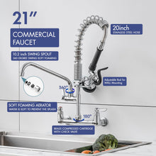 Load image into Gallery viewer, Fapully Kitchen Faucet with Pull Down Sprayer, Commercial 8 Inch Center Wall Mount Kitchen Sink Faucet with Pre-Rinse Sprayer, Chrome 21‘’ Height Commercial Faucets with 10.2'' Add-on Swing Spout