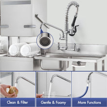 Load image into Gallery viewer, Fapully Kitchen Faucet with Pull Down Sprayer, Commercial 8 Inch Center Wall Mount Kitchen Sink Faucet with Pre-Rinse Sprayer, Chrome 21‘’ Height Commercial Faucets with 10.2'' Add-on Swing Spout