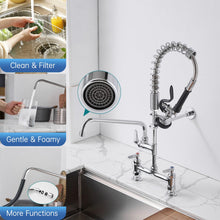 Load image into Gallery viewer, Fapully Commercial Kitchen Faucet,Deck Mount Kitchen Sink Faucet with Pre-Rinse Pull Down Sprayer,26‘’ Height 8'' Center 3 Compartment Sink Faucets with 12.2'' Swing Spout Chrome
