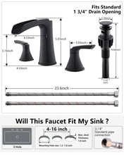Load image into Gallery viewer, Fapully Black Bathroom Faucet 3 Hole, Waterfall 8 Inch Widespread Bathroom Sink Faucet with Pop-up Drain, Two-Handle Faucet for Bathroom Sink