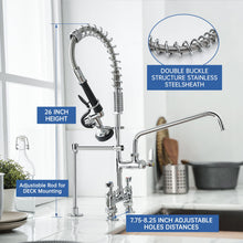 Load image into Gallery viewer, Fapully Commercial Kitchen Faucet,Deck Mount Kitchen Sink Faucet with Pre-Rinse Pull Down Sprayer,26‘’ Height 8'' Center 3 Compartment Sink Faucets with 12.2'' Swing Spout Chrome
