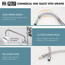 Load image into Gallery viewer, Fapully Kitchen Faucet with Pull Down Sprayer, Commercial Wall Mount Kitchen Sink Faucet with Pre-Rinse Sprayer, Chrome 8 Inch Center 25‘’ Height Commercial Sink Faucets with 12'' Swing Spout