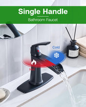 Load image into Gallery viewer, Fapully Bathroom Faucets Matte Black, Modern Waterfall Bathroom Sink Faucet with Single Handle for 1 or 3 Holes, Vanity Faucet with Deck Plate and Drain