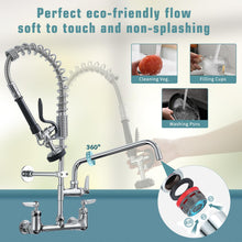 Load image into Gallery viewer, Fapully Commercial Kitchen Faucet,Wall Mount Kitchen Sink Faucet with Pre-Rinse Pull Down Sprayer,25‘’ Height 8'' Center 3 Compartment Sink Faucets with 12.2'' Swing Spout Chrome