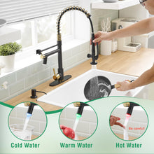 Load image into Gallery viewer, Fapully Commercial Kitchen Faucets with Pull Down Sprayer Matte Black&Gold LED Kitchen Faucet with Soap Dispenser and Deck Plack for 4 Hole, Single Handle Faucet for Kitchen Sink