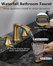 Load image into Gallery viewer, Fapully Brushed Gold Bathroom Faucet 3 Hole, Waterfall 8 Inch Widespread Bathroom Sink Faucet with Pop-up Drain, Two-Handle Faucet for Bathroom Sink
