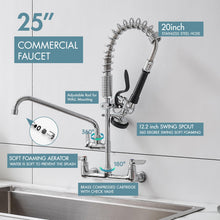 Load image into Gallery viewer, Fapully Kitchen Faucet with Pull Down Sprayer, Commercial Wall Mount Kitchen Sink Faucet with Pre-Rinse Sprayer, Chrome 8 Inch Center 25‘’ Height Commercial Sink Faucets with 12'' Swing Spout
