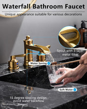Load image into Gallery viewer, Fapully Brushed Gold Bathroom Sink Faucet, Waterfall Bathroom Faucets 3 Hole, 8 Inch Widespread Bathroom Faucet with Pop-up Drain, 2-Handle Faucet for Bathroom Sink Vanity RV