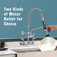 Load image into Gallery viewer, Fapully Commercial Kitchen Faucet,Wall Mount Kitchen Sink Faucet with Pre-Rinse Pull Down Sprayer,25‘’ Height 8'' Center 3 Compartment Sink Faucets with 12.2'' Swing Spout Chrome