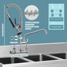 Load image into Gallery viewer, Fapully Commercial Kitchen Faucet,Wall Mount Kitchen Sink Faucet with Pre-Rinse Pull Down Sprayer,25‘’ Height 8'' Center 3 Compartment Sink Faucets with 12.2'' Swing Spout Chrome