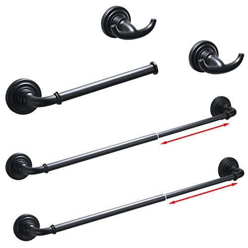 Fapully 5 Pieces Black Bathroom Accessories Set,Wall Mounted SUS304 Stainless Steel Adjustable Bathroom Hardware Set-Included Retractable 13.8