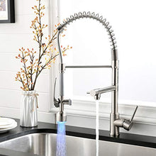 Load image into Gallery viewer, Fapully Commercial Single Handle Pull Down Sprayer Brushed Nickel Kitchen Faucet, Kitchen Sink Faucet with LED Light