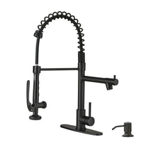 Load image into Gallery viewer, Fapully Commercial Pull Down Kitchen Sink Faucet with Sprayer Matte Black Single Handle Faucets for Kitchen Sink, Kitchen Faucet with Soap Dispenser and Deck Plack for 4 Hole
