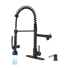 Load image into Gallery viewer, Fapully Commercial Kitchen Faucets with Pull Down Sprayer Matte Black LED Single Handle Faucet for Kitchen Sink, Kitchen Faucet with Soap Dispenser and Deck Plack for 4 Hole
