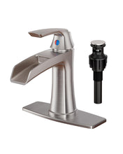 Load image into Gallery viewer, Fapully Bathroom Faucets Brushed Nickel, Modern Waterfall Bathroom Sink Faucet with Single Handle for 1 or 3 Holes, Vanity Faucet with Deck Plate and Drain
