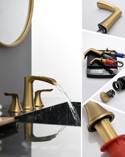 Load image into Gallery viewer, Fapully Brushed Gold Bathroom Faucet 3 Hole, Waterfall 8 Inch Widespread Bathroom Sink Faucet with Pop-up Drain, Two-Handle Faucet for Bathroom Sink
