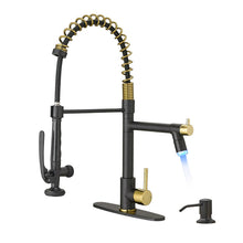 Load image into Gallery viewer, Fapully Commercial Kitchen Faucets with Pull Down Sprayer Matte Black&amp;Gold LED Kitchen Faucet with Soap Dispenser and Deck Plack for 4 Hole, Single Handle Faucet for Kitchen Sink
