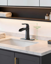 Load image into Gallery viewer, Fapully Bathroom Faucets Matte Black, Modern Waterfall Bathroom Sink Faucet with Single Handle for 1 or 3 Holes, Vanity Faucet with Deck Plate and Drain

