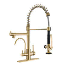 Load image into Gallery viewer, Fapully Brushed Gold Commercial Kitchen Faucet with Pull Down Sprayer and Water Filter,3 in 1 Kitchen Faucets with Drinking Water Faucet
