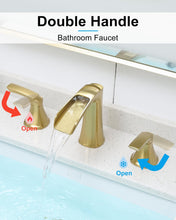 Load image into Gallery viewer, Fapully Bathroom Faucet 3 Hole, Polished Brushed Gold Waterfall 8 Inch Widespread Bathroom Sink Faucet with Pop-up Drain, Two-Handle Faucet for Bathroom Sink
