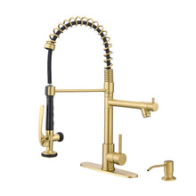 Load image into Gallery viewer, Fapully Commercial Kitchen Sink Faucet with Pull Down Sprayer Brushed Gold Single Handle Faucets for Kitchen Sink, Kitchen Faucet with Soap Dispenser and Deck Plack for 4 Hole
