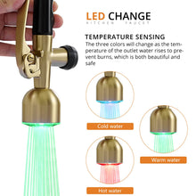 Load image into Gallery viewer, Fapully Commercial Kitchen Faucets with Pull Down Sprayer Brushed Gold LED Single Handle Faucet for Kitchen Sink, Kitchen Faucet with Soap Dispenser and Deck Plack for 4 Hole
