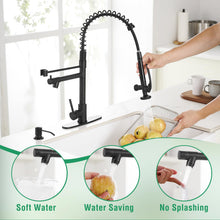 Load image into Gallery viewer, Fapully Commercial Pull Down Kitchen Sink Faucet with Sprayer Matte Black Single Handle Faucets for Kitchen Sink, Kitchen Faucet with Soap Dispenser and Deck Plack for 4 Hole
