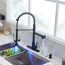 Load image into Gallery viewer, Fapully Commercial Kitchen Faucets with Pull Down Sprayer Matte Black LED Single Handle Faucet for Kitchen Sink, Kitchen Faucet with Soap Dispenser and Deck Plack for 4 Hole
