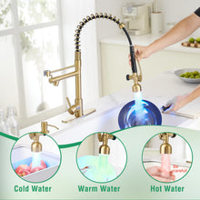 Load image into Gallery viewer, Fapully Commercial Kitchen Faucets with Pull Down Sprayer Brushed Gold LED Single Handle Faucet for Kitchen Sink, Kitchen Faucet with Soap Dispenser and Deck Plack for 4 Hole
