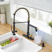 Load image into Gallery viewer, Fapully Commercial Kitchen Faucets with Pull Down Sprayer Matte Black&amp;Gold LED Kitchen Faucet with Soap Dispenser and Deck Plack for 4 Hole, Single Handle Faucet for Kitchen Sink
