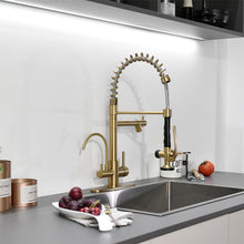 Load image into Gallery viewer, Fapully Brushed Gold Commercial Kitchen Faucet with Pull Down Sprayer and Water Filter,3 in 1 Kitchen Faucets with Drinking Water Faucet
