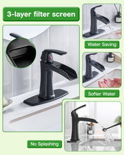 Load image into Gallery viewer, Fapully Bathroom Faucets Matte Black, Modern Waterfall Bathroom Sink Faucet with Single Handle for 1 or 3 Holes, Vanity Faucet with Deck Plate and Drain
