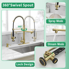Load image into Gallery viewer, Fapully Commercial Kitchen Sink Faucet with Pull Down Sprayer Brushed Gold Single Handle Faucets for Kitchen Sink, Kitchen Faucet with Soap Dispenser and Deck Plack for 4 Hole

