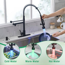 Load image into Gallery viewer, Fapully Commercial Kitchen Faucets with Pull Down Sprayer Matte Black LED Single Handle Faucet for Kitchen Sink, Kitchen Faucet with Soap Dispenser and Deck Plack for 4 Hole
