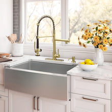 Load image into Gallery viewer, Fapully Commercial Kitchen Sink Faucet with Pull Down Sprayer Brushed Gold Single Handle Faucets for Kitchen Sink, Kitchen Faucet with Soap Dispenser and Deck Plack for 4 Hole
