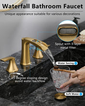 Load image into Gallery viewer, Fapully Brushed Gold Bathroom Faucet 3 Hole, Waterfall 8 Inch Widespread Bathroom Sink Faucet with Pop-up Drain, Two-Handle Faucet for Bathroom Sink
