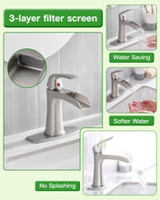 Load image into Gallery viewer, Fapully Bathroom Faucets Brushed Nickel, Modern Waterfall Bathroom Sink Faucet with Single Handle for 1 or 3 Holes, Vanity Faucet with Deck Plate and Drain
