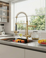 Load image into Gallery viewer, Fapully Commercial 3 Way Kitchen Faucets with Pull Down Sprayer and Water Filler,3 in 1 Kitchen Sink Faucet with Drinking Water Faucet Brushed Gold
