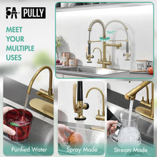 Load image into Gallery viewer, Fapully Brushed Gold Commercial Kitchen Faucet with Pull Down Sprayer and Water Filter,3 in 1 Kitchen Faucets with Drinking Water Faucet
