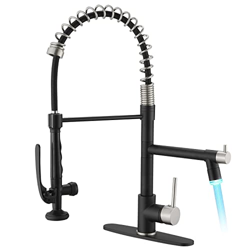 Fapully Kitchen Faucet,Black&Brushed Nickel Kitchen Faucet with Pull Down Sprayer,Commercial Kitchen Faucet with LED Light and Deck Plate