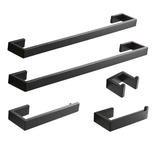 Fapully 5 Piece Bathroom Hardware Accessories Set Stainless Steel Wall Mounted, Matte Black